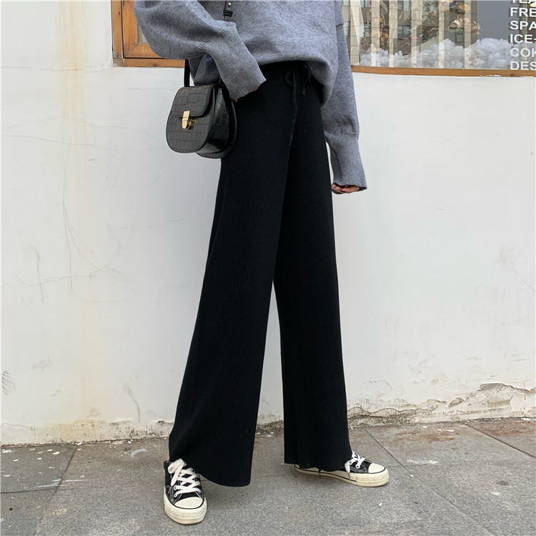 Nomikuma Women Knitted Wide Leg Pants Korean Solid Causal Long Trousers Lace Up Stretch High Waist Sweater Pants Feminimos 6D027 210427