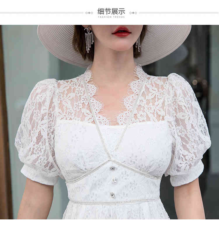 French Sweet Lace Dress Women Chic Elegant Solid Button V Neck Puff Sleeve Spring Holiday Party Midi es 210519