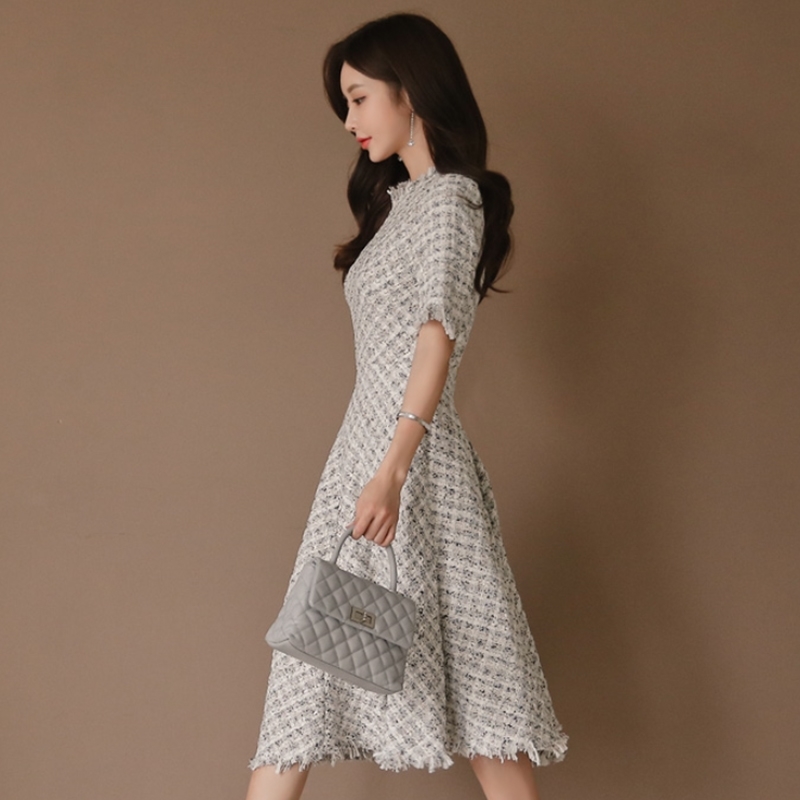Spring And Summer Woolen Tweed Dress Women Short Sleeve High Waist Midi Elegant Plaid Slim Korea 210520