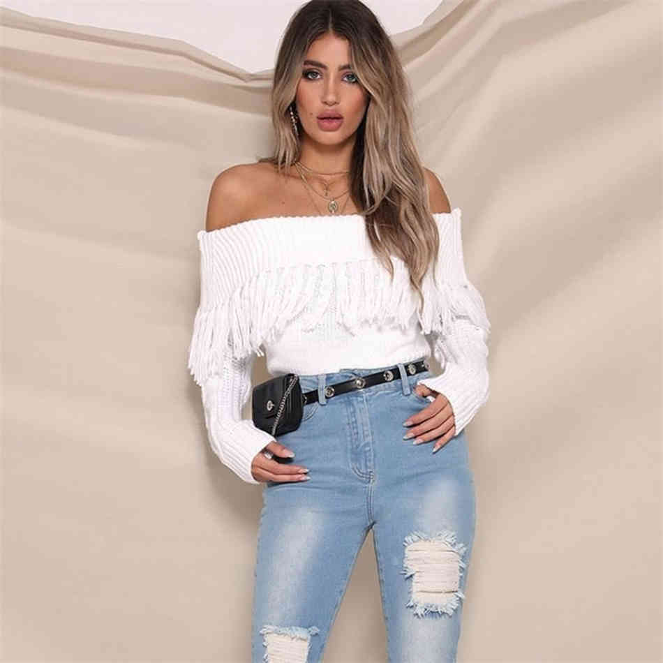 Free Fashion Fringed Sweater Women Strapless Long Sleeve Skinny Solid Color Club Party Sexy Halter Top 210524