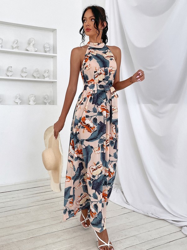 Tropical Print Halter Neck Maxi Dress SHE
