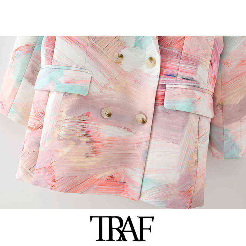 TRAF Women Fashion Double Breasted Graffiti Print Blazers Coat Vintage Long Sleeve Pockets Female Outerwear Chic Tops 211122
