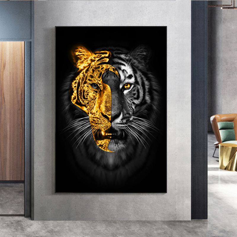 Animals Art Gold Black Lion Paintings on Canvas Wall Pictures for Living Room Decor Wall Art Canvas Posters Prints Home Cuadros