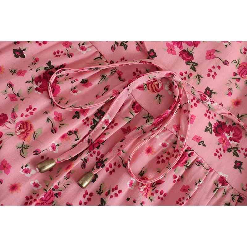 BOHO Bandage Open buttons V neck Floral Print Shirt Hippie Women Tie Bow Lacing up Waist Long Sleeve Blouse Holiday Tops Beach 210429