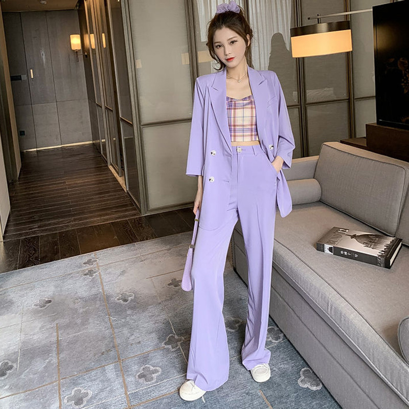 Korean Vintage Casual Loose Women Blazer + High Waist Wide Leg Pants +Tank Suits 3 Pieces Set Office Lady Wear 210510