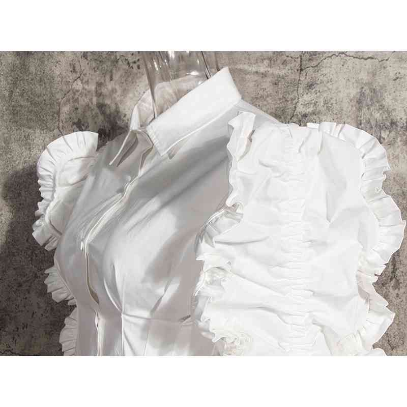 Patchwork Ruffle Black Shirt For Women Lapel Long Sleeve High Waist Tunic Casual Blouse Female Fashion Fall 210524