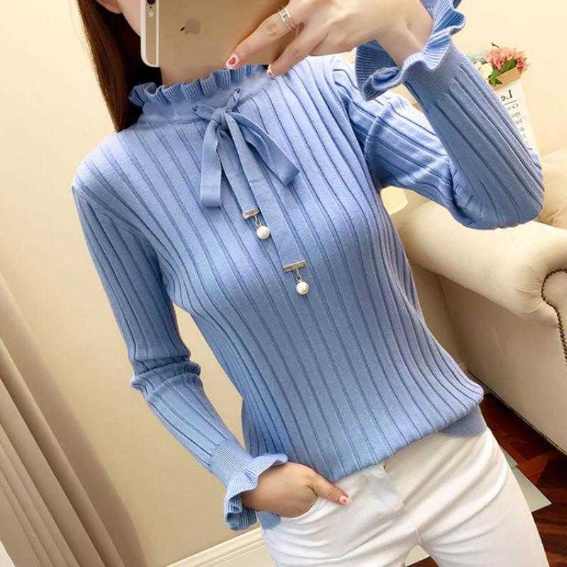 Autumn Winter Sweater Women Slim Elegant Office Wear Lotus Leaf Long Sleeved Pullover Knitted Woman Solid Bow Pearl Sweaters 211018