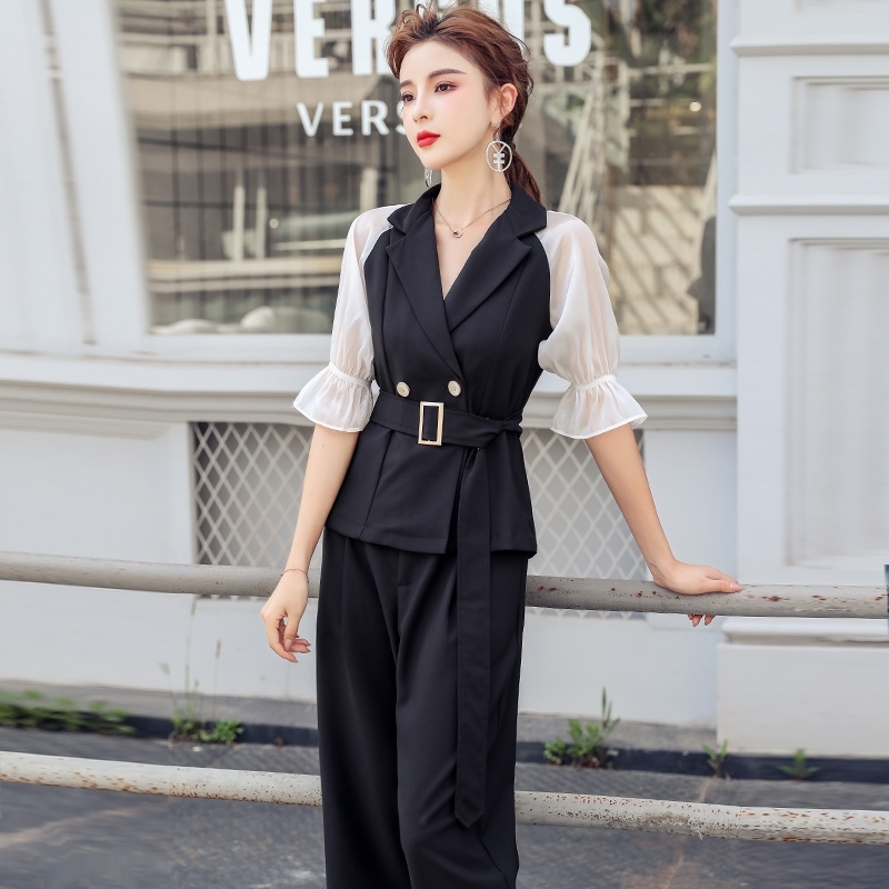 Autumn pant suits Women OL temperament Turn-Down Collar Double breasted Coat + High waist straight pants two-piece women 210520