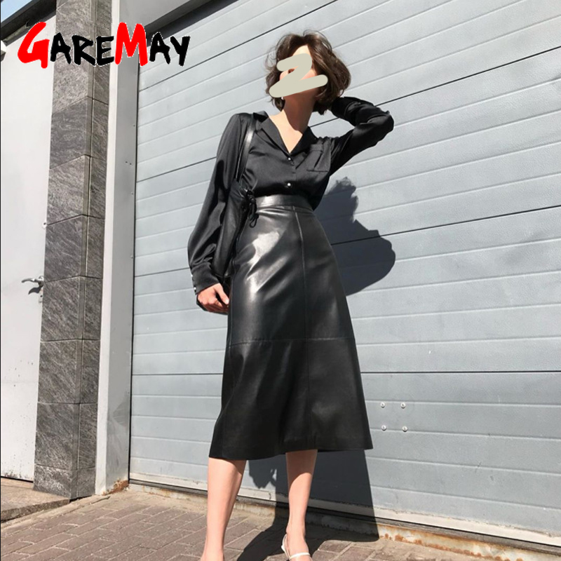 Winter Warm faux women's leather skirt Long Vintage female knee-length beige Black Pencil with high waist 210428