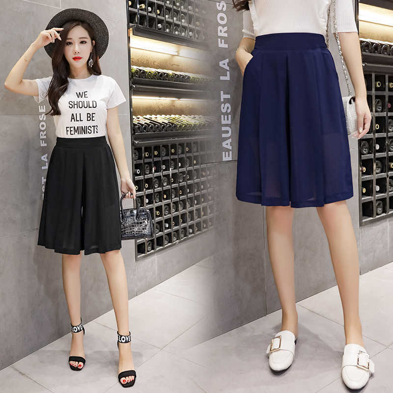 summer chiffon short pants loose black/blue wide-legged trousers knee-length elastic waist women fashion capris 210714