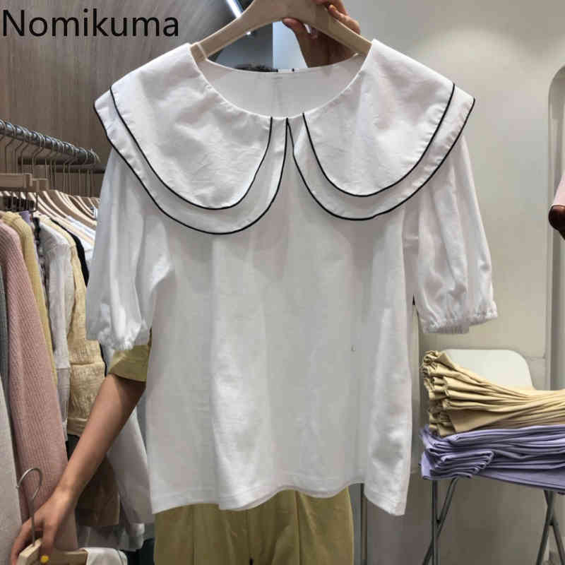 Nomikuma Contrast Color Double Peter Pan Collar Doll Shirt Causal Puff Sleeve Korean Women Tops Summer Sweet Blouse 6H022 210427