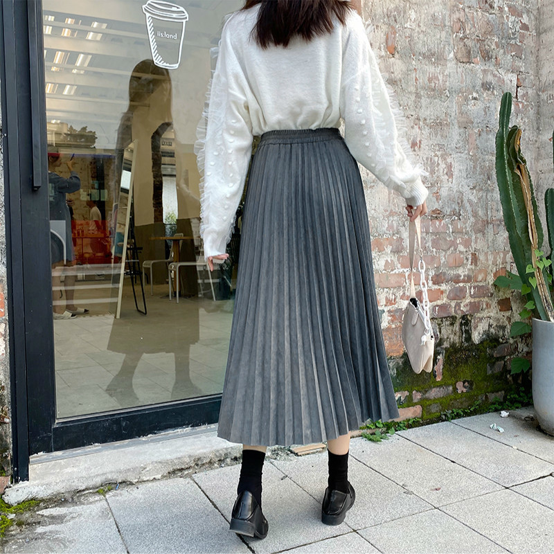 Women's Solid Pleated Suede Leather Skirts Autumn Winter High Waist Loose Retro Faux Skirt Female 210514