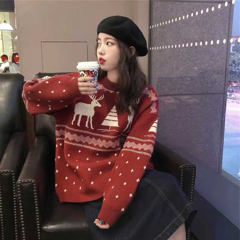 Yedinas Winter Christmas Deer Sweater Women Knitted Jumper Female Elk Print Sweaters Woman Pullover Knit Red Top Oversize 210527