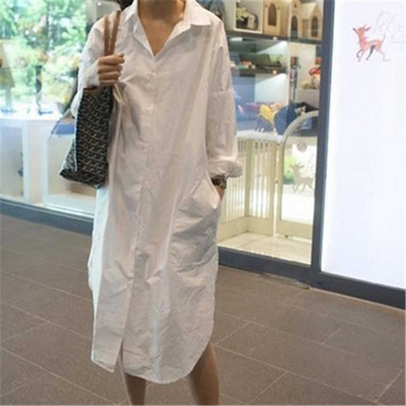 Spring Korean Summer Large Size Dress Loose Lager Casual Solid Turn-down Collar Full 210615Z