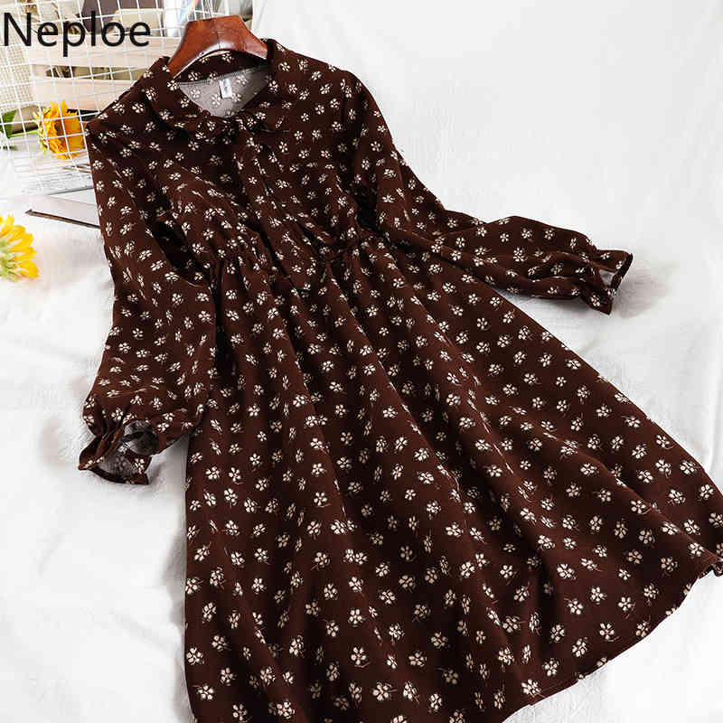 Neploe Woman Dress Autumn Winter Clothes Robe Vintage Floral Vestidos Slim Waist Temperament Chic Midi Dresses for Women 4G577 210422