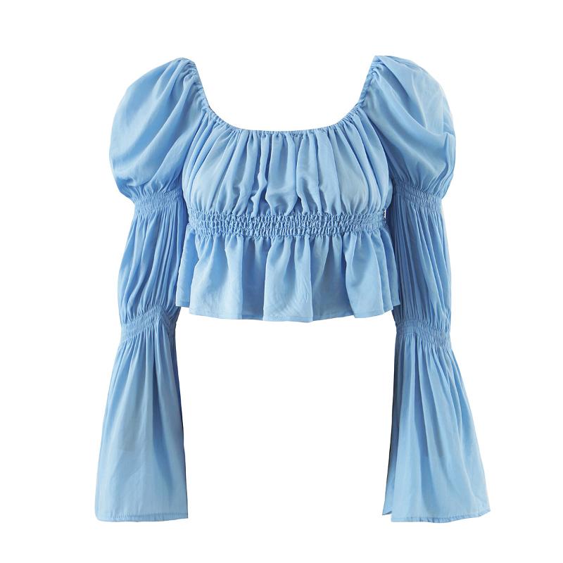 Women' Blouses & Shirts JC·KILIG 2021 French Retro Court Style Lotus Root Trumpet Sleeve Short High Waist Shirt L9798, Light blue 
Women' Blouses & Shirts JC·KILIG 2021 French Retro Court Style Lotus Root Trumpet Sleeve Short High Waist Shirt L9798, Light blue