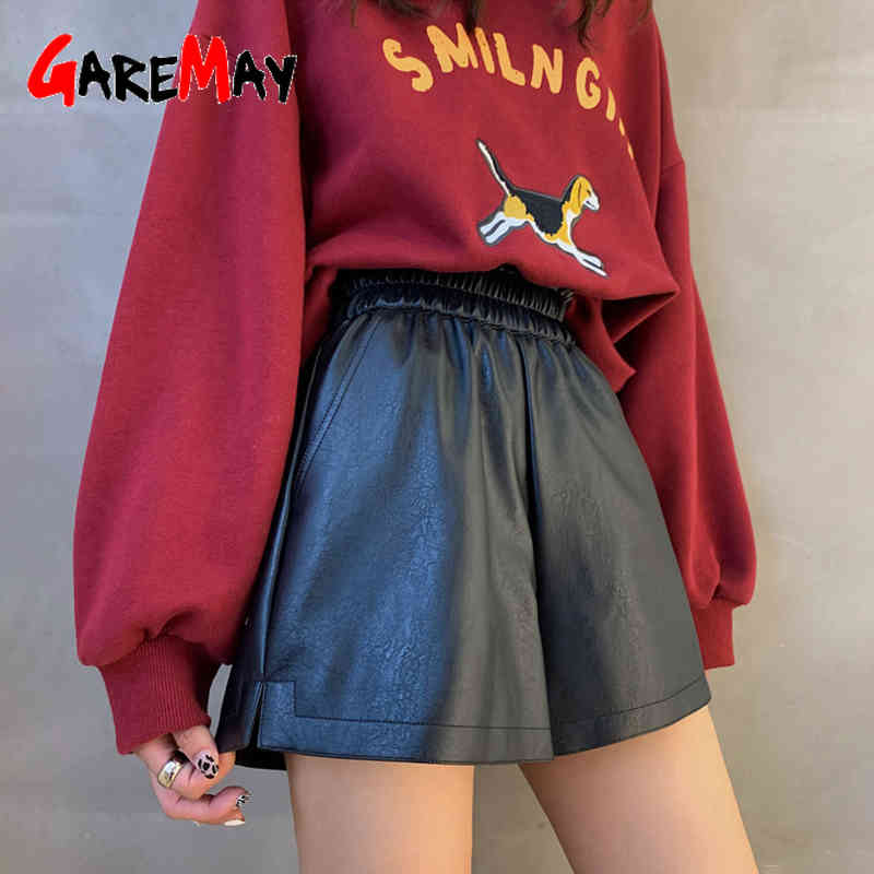 Warm Winter Faux Leather Shorts Women Black High Waist Female Autumn Korean Style For Elastic 210428