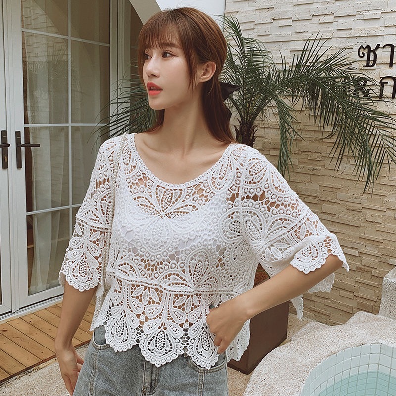 Summer Hollow Out Lace Shirt Women Hook Flower Top Female Women's Short Sleeve Blouse Sunscreen blusas 14127 210427