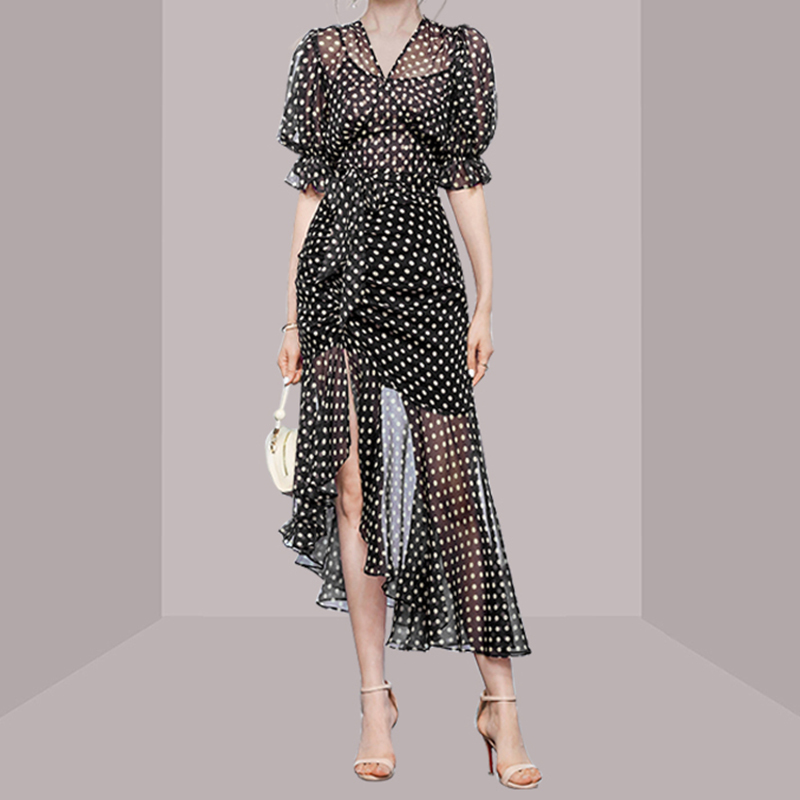 Vintage V-Neck Polka Dot Printed Chiffon Drawstring Midi Dress Women Elegant High Waist Slim Ruffle Vestidos Fashion Summer 210519