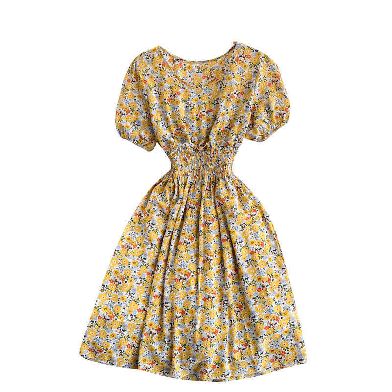 DEAT Women Printing Beach Vacation Dress Round Neck Puff Sleeve Arrivals Lady Fashion Temperament Spring Summer 11D564 210709