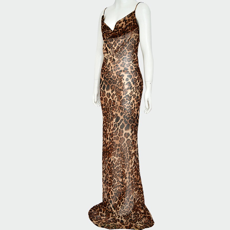 Sexy Asymmetrical Collar Backless Leopard Sling Dress Woman Vintage Spaghetti Strap Bodycon Floor Length Party 210429