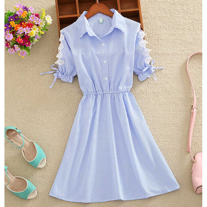 Summer Women Dress Office Ladies Dress Shirt Elegant Blue Stripped Turn Down Collar Mini Dress Short Sleeve HH66 210630