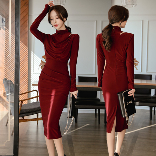 Ruched Draped Waist Bodycon Knitted Dress Women Spring Pencil Dresses OL Bottoming Fitted Vestidos 210519