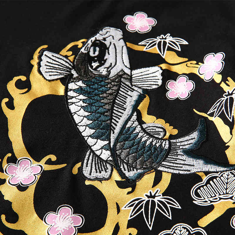 IEFM Men's Embroidery T-shirt Short Sleeve Round Neck Chinese Style Carp Pattern Cotton Tops Loose Tops 9Y6014 210524