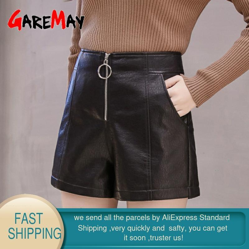 autumn winter women's leather shorts black high waist korean style plus size PU female for 210428