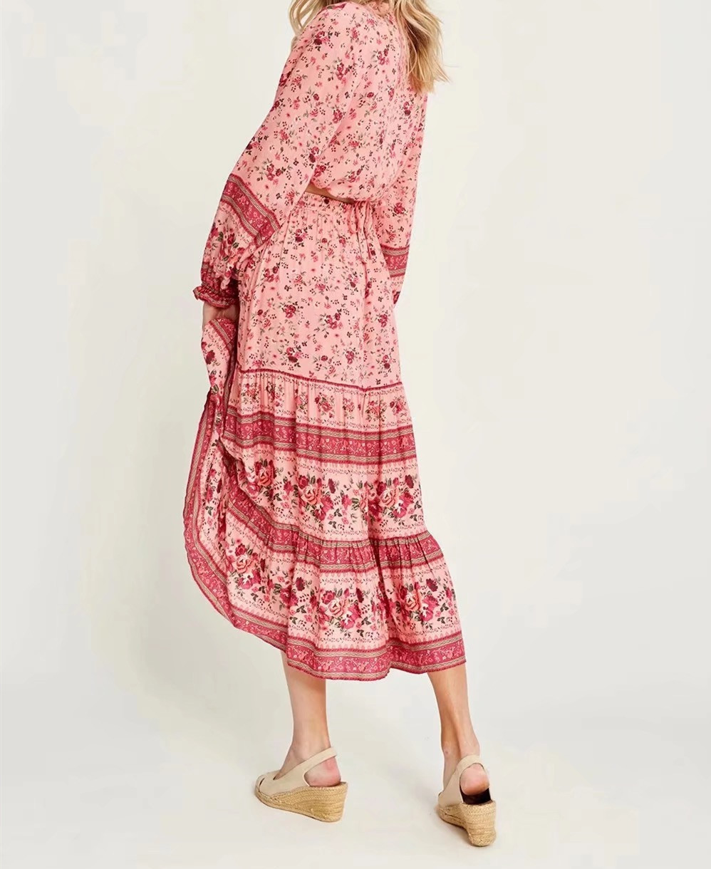 Bohemia Spliced Pleated Floral Print Long Skirt Hippie Women Adjust Stream Elastic Waist Swing Skirts Holiday Beach 210429