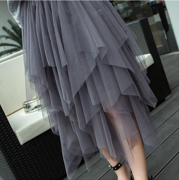 Women Irregular Mesh Skirt Korean Clothes Summer Vintage Elastic Waist Pleated Mid Long A-line Skirts Femme 210429