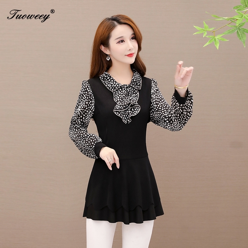 Spring polka dot Women's bow tie elegant plus size Mesh Blouse Women Tops Long Sleeve loose Shining 5XL Shirt Fashion 210317