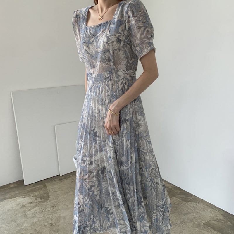 Summer Fashion Printed Korean Chiffon Long Dress Women Short Sleeve Square Collar Belted Pleated Elegant Dresses Femme 210519