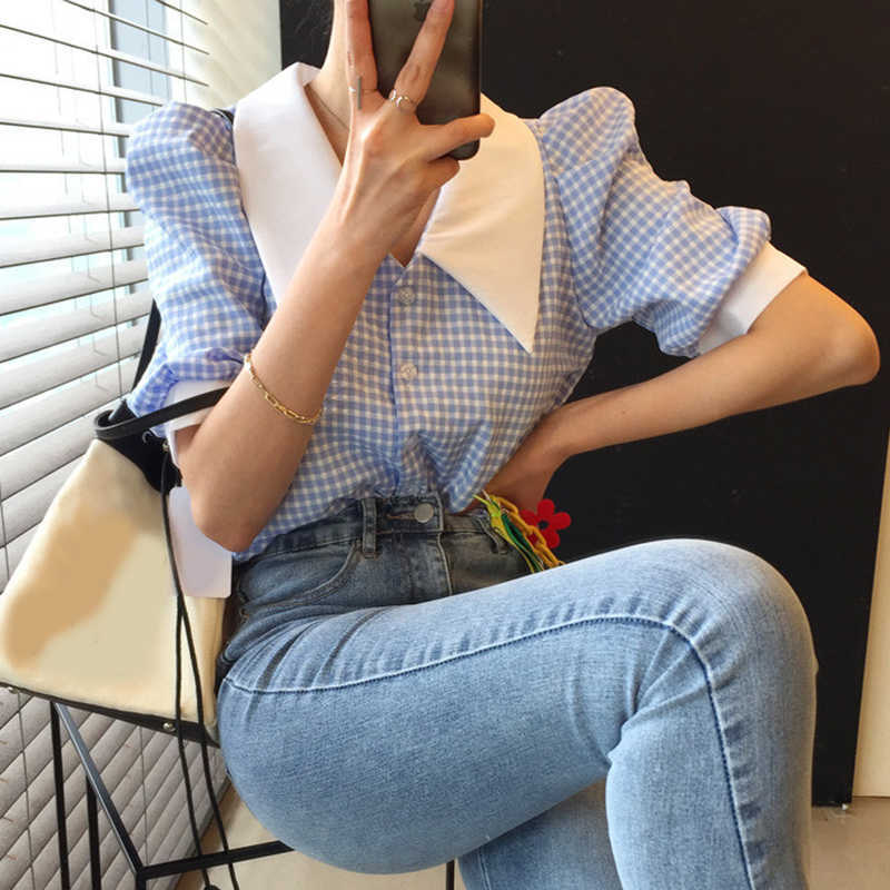 Korejpaa Women Shirt Summer Korean Niche Retro Hit Color Pointed Collar Stitching Plaid Single-Breasted Puff Sleeve Blouse 210526