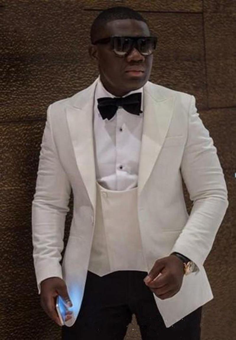 Latest Design One Button Ivory Groom Tuxedos Peak Lapel Wedding/Prom/Dinner Groomsmen Men Suits Blazer (Jacket+Pants+Vest+Tie) W1336