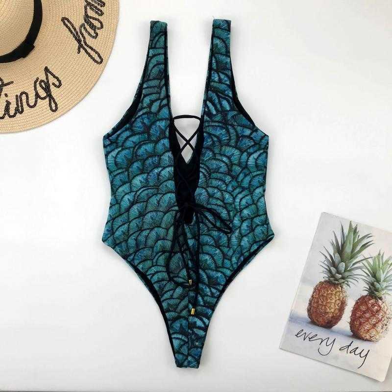 Colysmo Sexy Swimsuit Front After Two Ways Wear Bikinis Fish Scale Print Swimwear Women Cut Out Tie Up Beach Monokini 210527