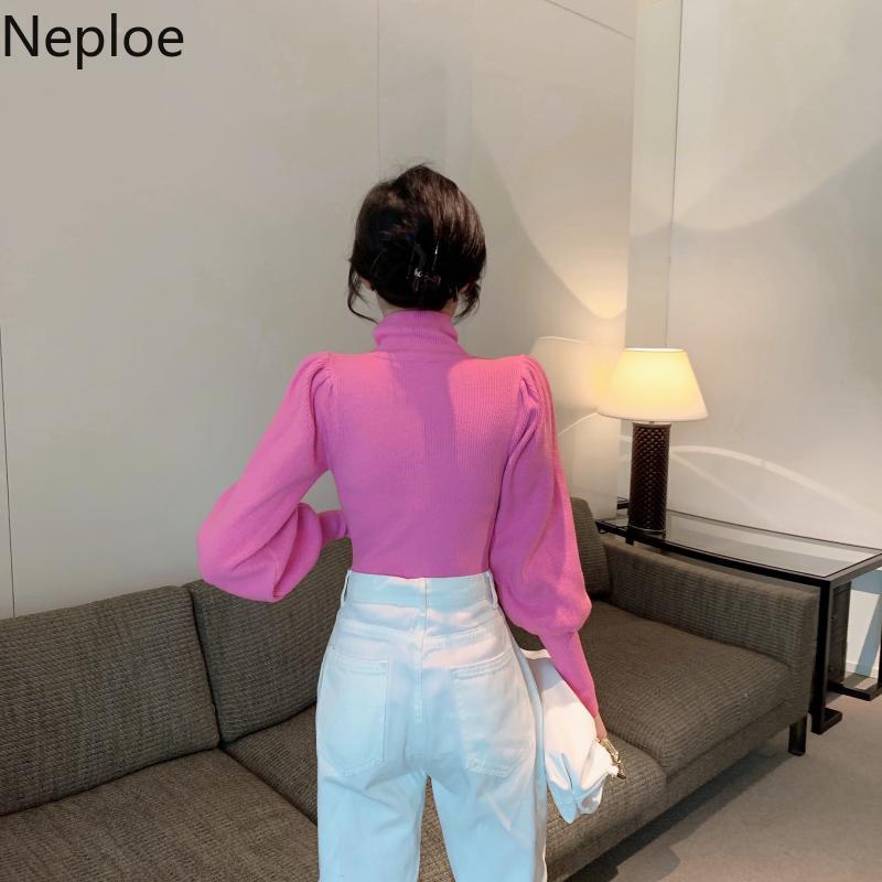 Neploe Turtleneck Solid Color Sweater Women Single Breasted Puff Sleeve Knitted Pullovers Sueter Mujer Slim Sweet Jumper Tops 210422