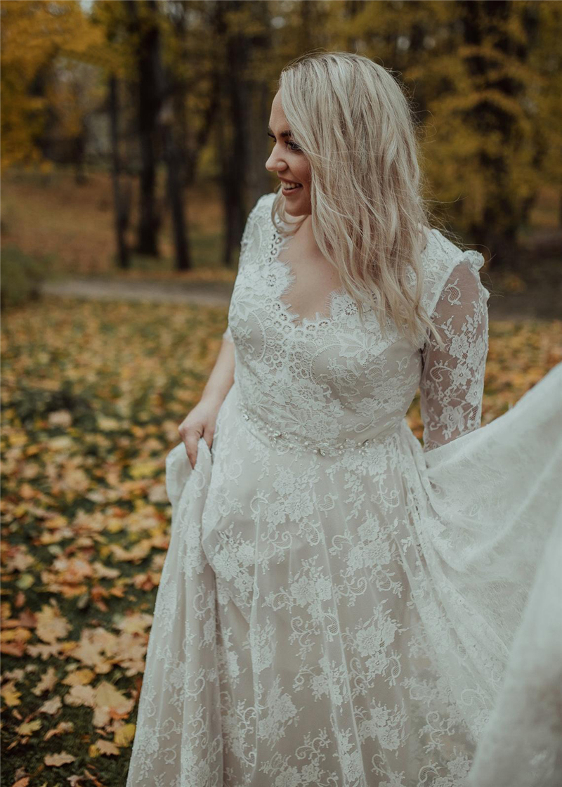 Lace Wedding Dresses Boho Bridal Gowns Plus Size V-Neck Backless 3/4 Long Sleeve Bohemian Bride Dress SImple Vestidos De Novia