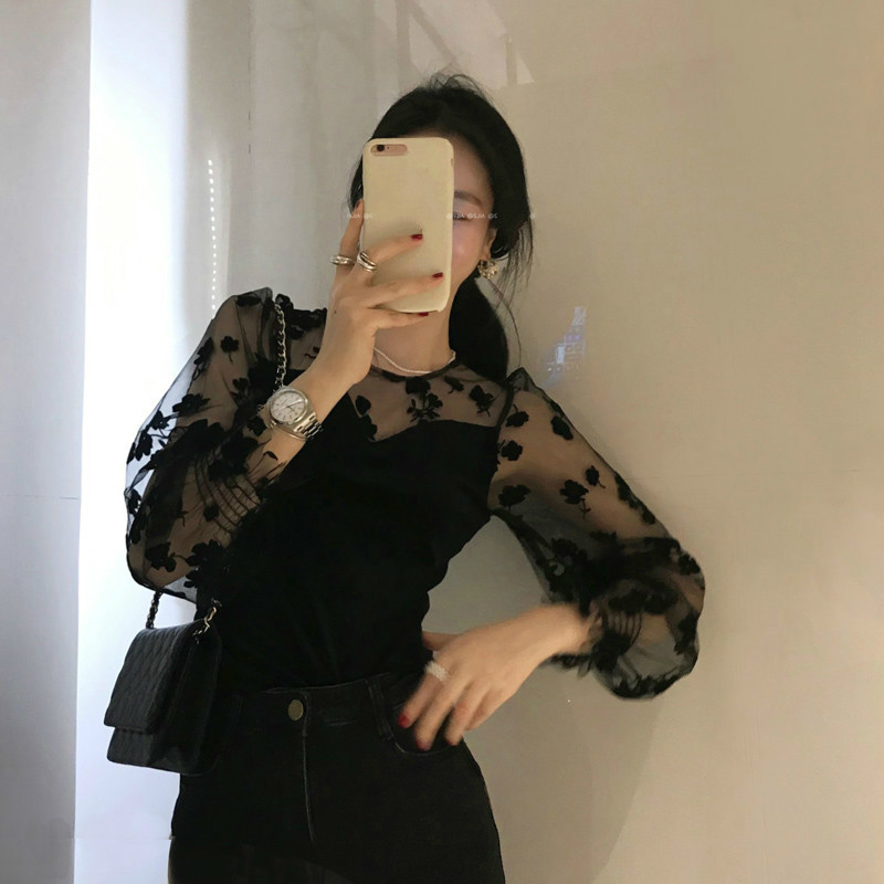 Nomikuma Floral Mesh Patchwork Velour Blouse Korean Long Sleeve O-neck Women Shirt Autumn New Elegant Blusas Top 6D035 210427