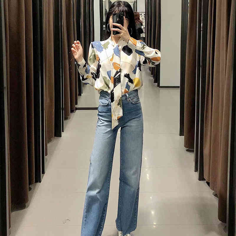 Women Blouse Elegant Bow Tie Graffiti Shirts Fashion Long Sleeve Single Breasted Casual Shirt Tie-Dye Printed Tops 210521