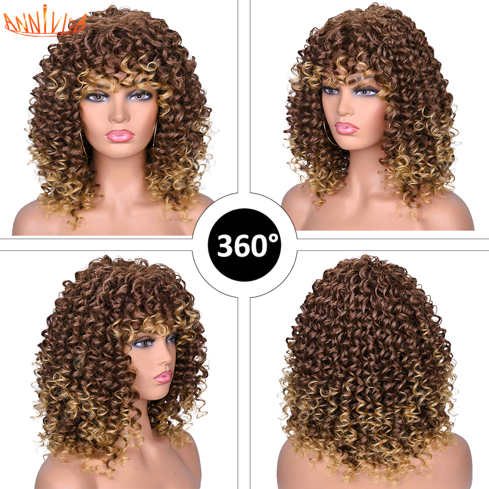 14inch Short Afro Kinky Curly Wig With Bangs For Black And White Women Synthetic Glueless Natural High Temperature Hair Anniviafactory direc