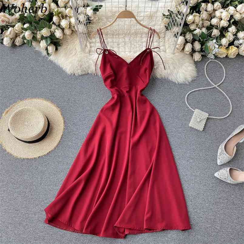 Women Sexy Backless Dress Korean V Neck Sleeveless A-line Dresses Off Shoulder Lace-up Vestidos Mujer Summer Elegant Robe 210519