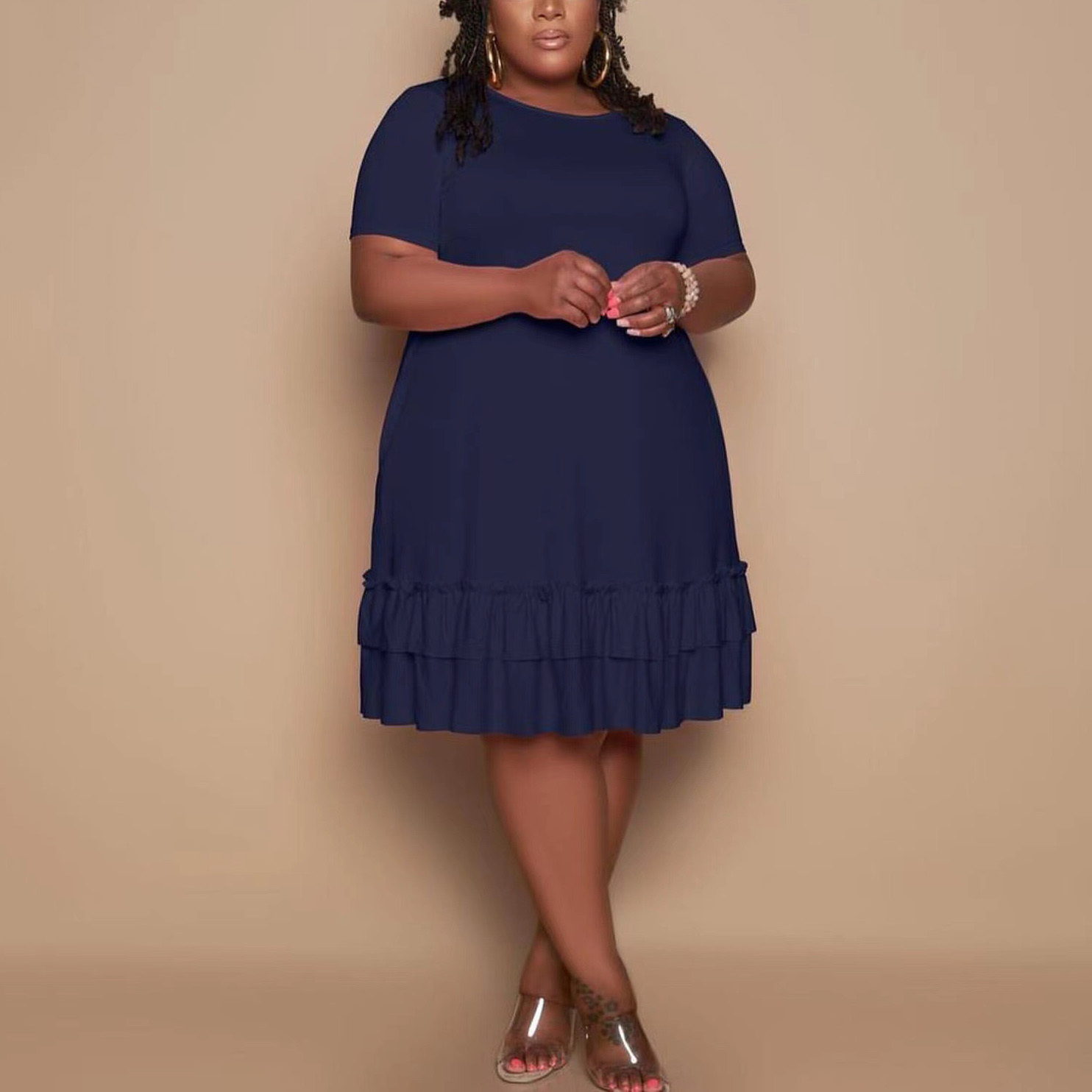 4XL 5XL Plus Size Dresses For Womens Pink Solid Loose Straight Knee Length Fashion Daily Wear Vestidos Dress Midi Cloth 210510