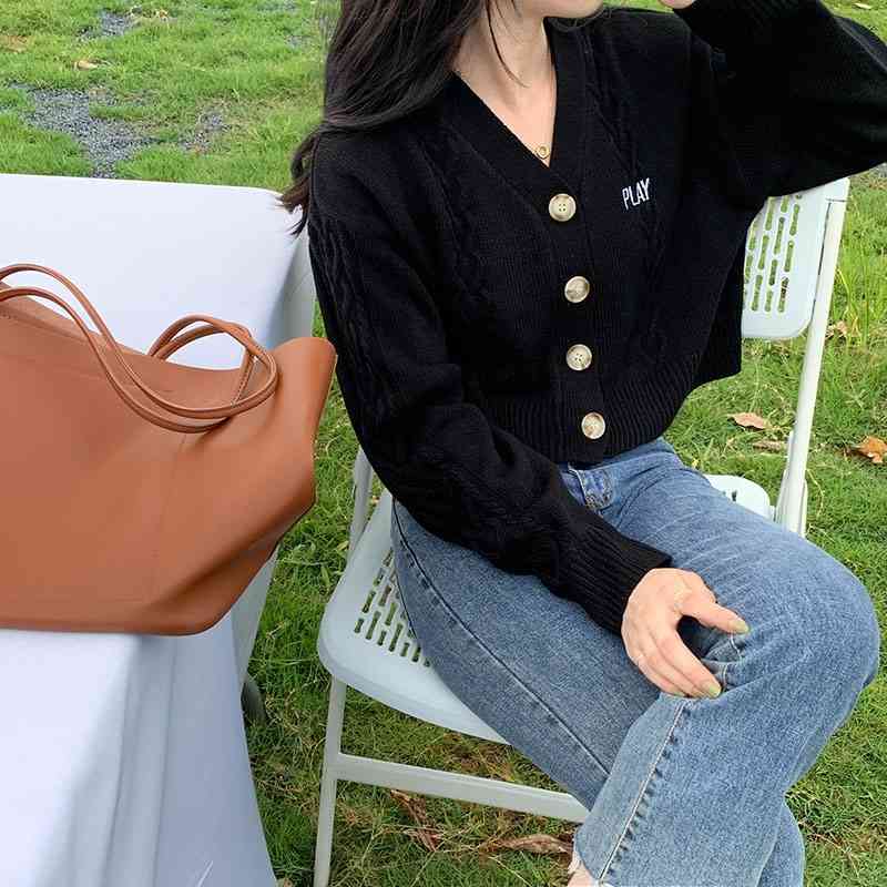 3 colors korean style autumn V neck knitted sweaters cardigan womens letter embroidery outwear coats womens (X1535) 210423