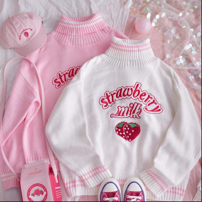 women sweaters korean kawaii strawberry milk embroidered sweater schoolgirl winter preppy style pink white loose turtleneck top, White;black
women sweaters korean kawaii strawberry milk embroidered sweater schoolgirl winter preppy style pink white loose turtleneck top, White;black