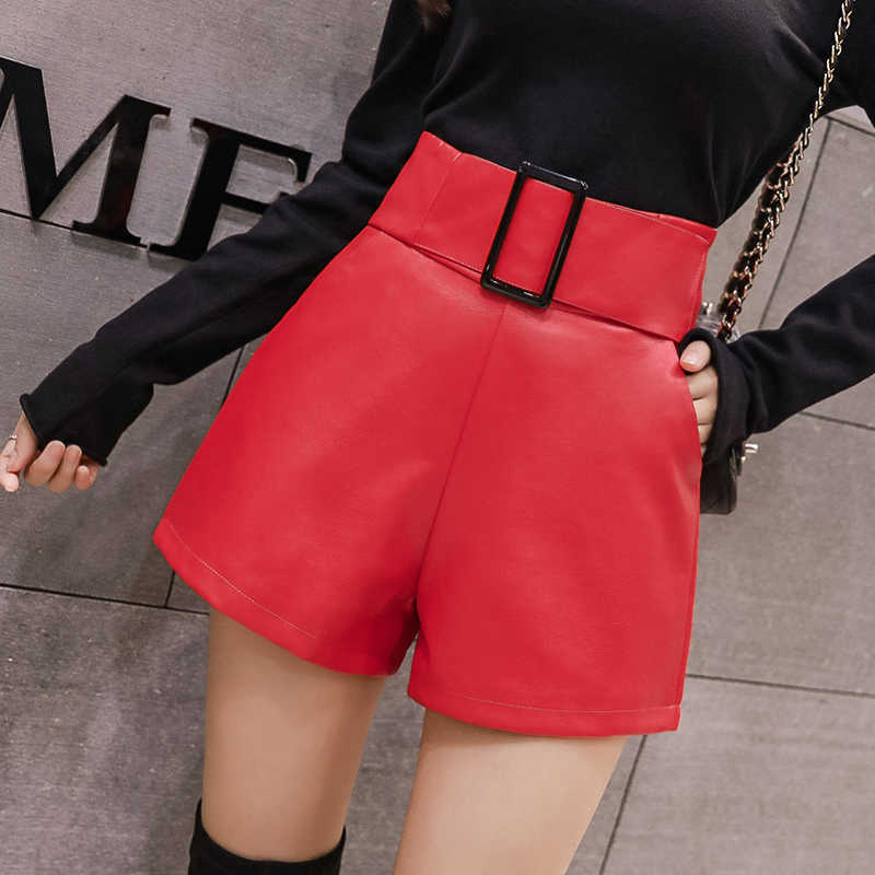 Korean PU Faux Leather Shorts Women Spring Autumn High Waist Wide Leg Ladies Plus Size Sexy Black Belted Femme 7774 210714