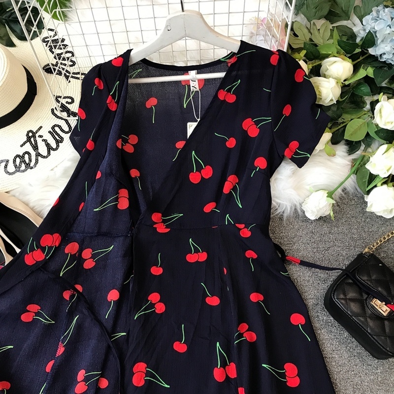 Print Summer Dress Women Cherry Short Sleeve Elegant Sweet Vestidos V Neck Short Sleeve Chiffon Dresses A-line 210521