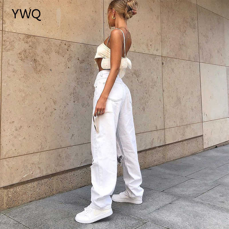 Mid Waist Boyfriend Fashion Loose Destroyed Women's Classic Hole Baggy Jeans White Vintage Pants Wide Leg Trousers 210922