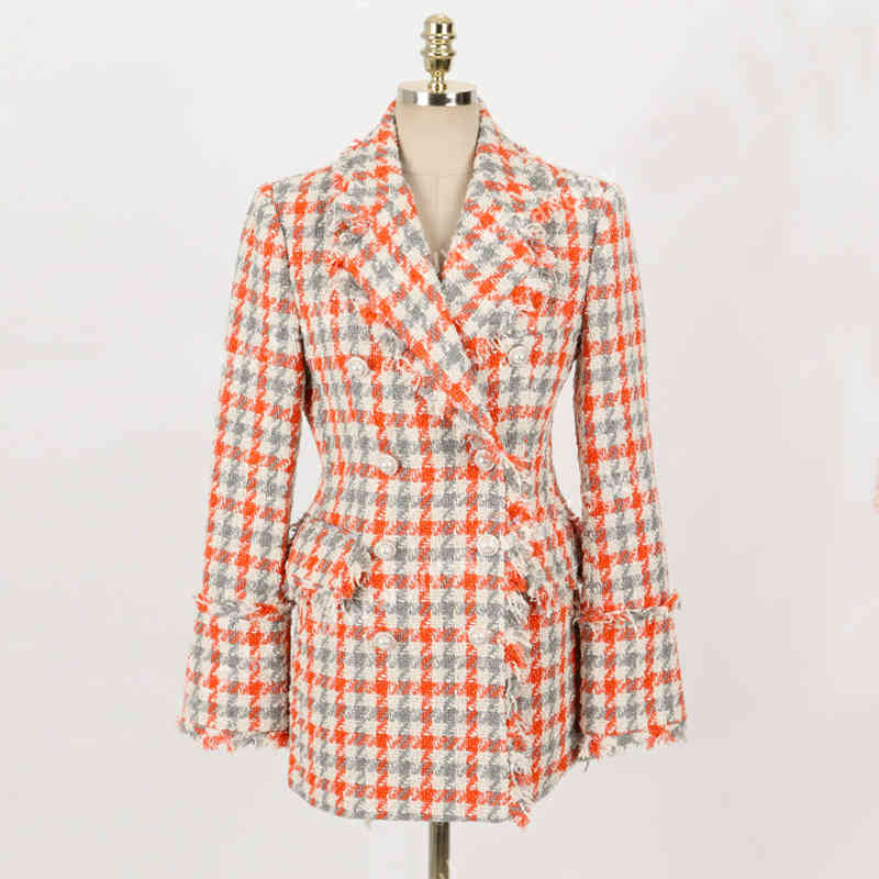 Women Autumn Fashion Double Breasted Plaid Jacket Vintage Turn Down Collar Tweed Streetwear Outwear Jackets Coat 210506