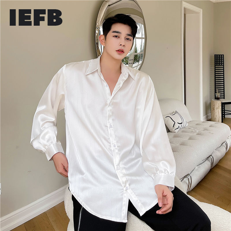 IEFB Summer Satin Fashion White Shirts For Men Korean Black Office Style Fashion Trendy Shiny Loose Casual Shirt 9Y7010 210524